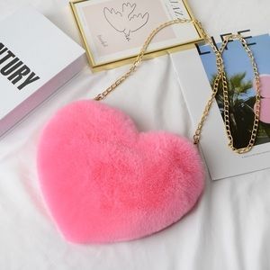 Fuzzy Heart Shape Cross-body Purse & Gold Chain